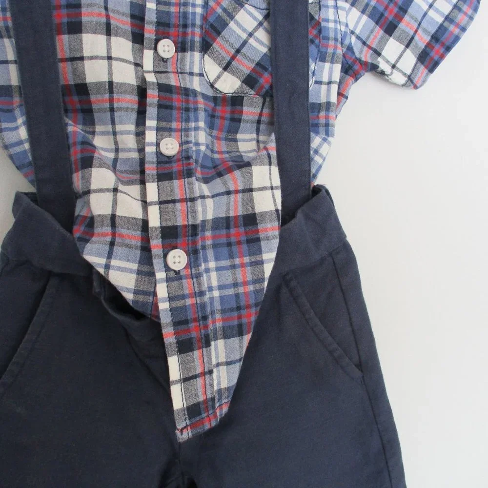 Boys Youth Short Set Blue Overalls with Shirt Sz 3